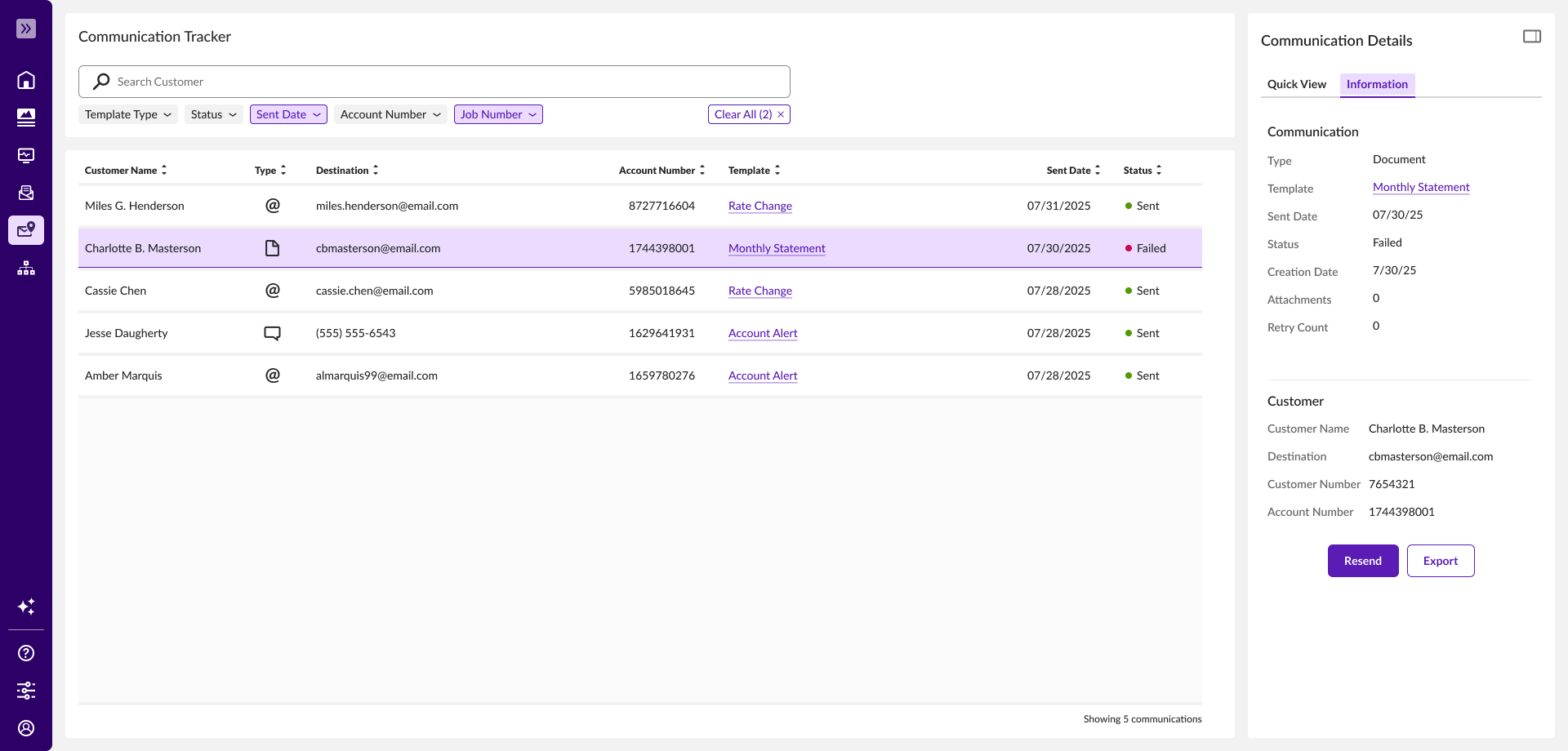 New Communication Tracker with a single search bar and a details panel showing status, template, and customer info together