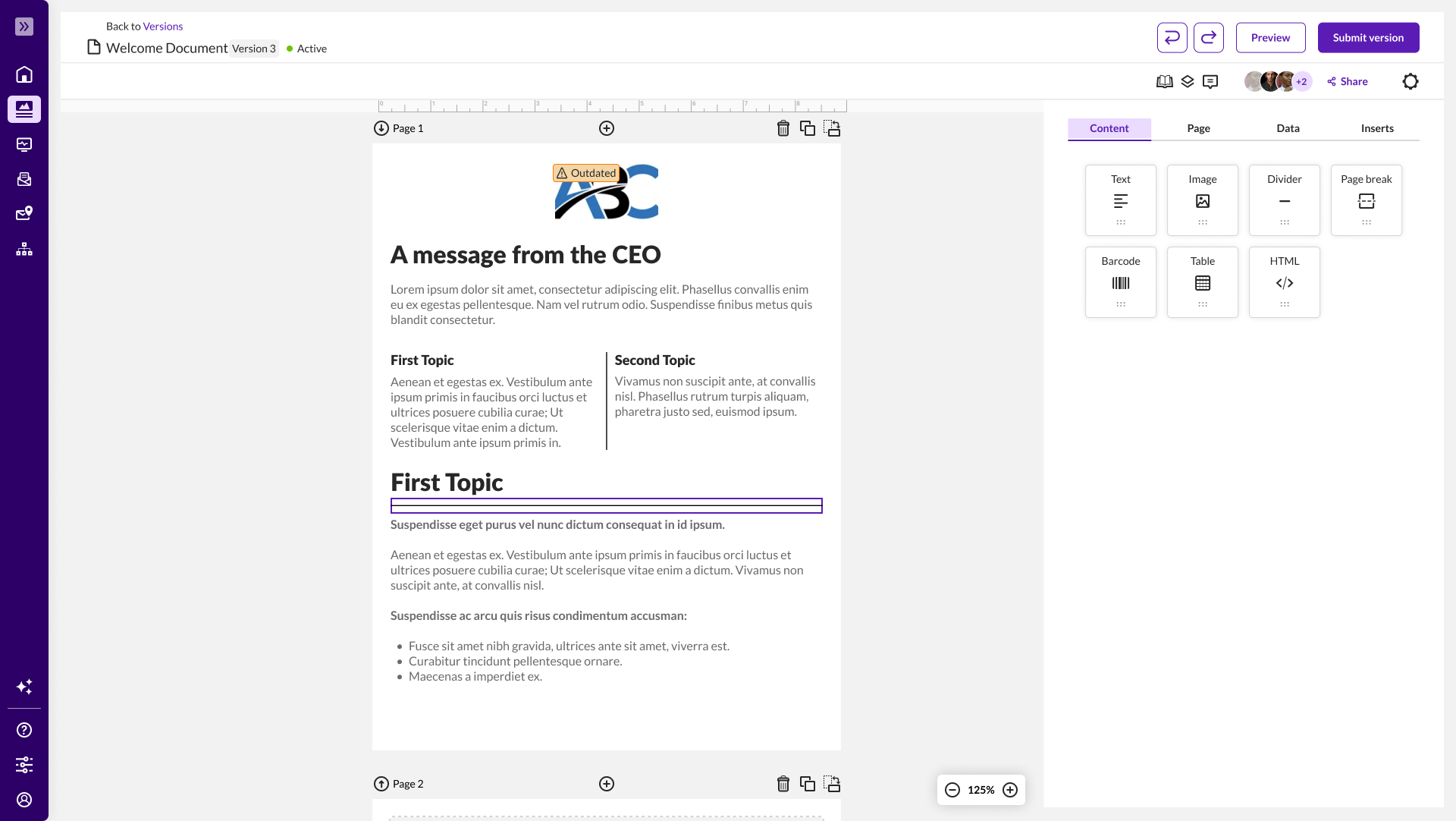 New document builder with simple drag-and-drop content blocks for text, images, dividers, tables, and barcodes