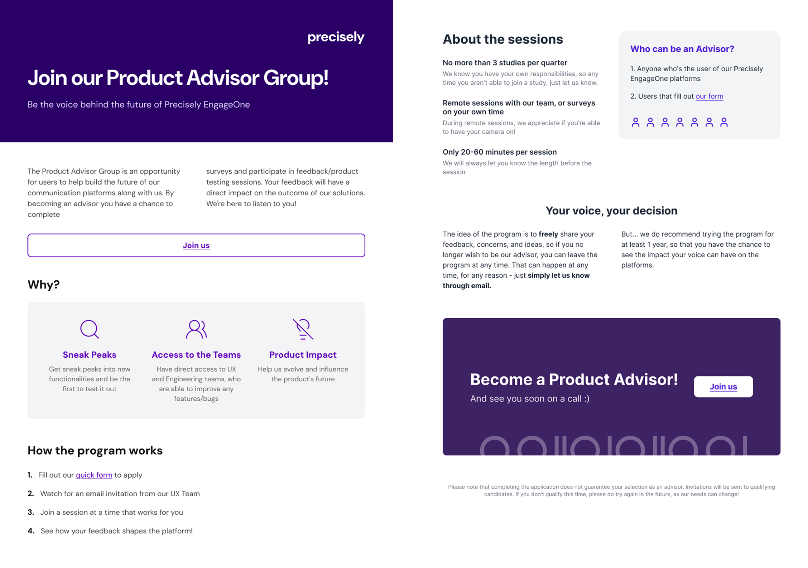 Product Advisor Group recruitment page inviting users to join research sessions and shape the product roadmap