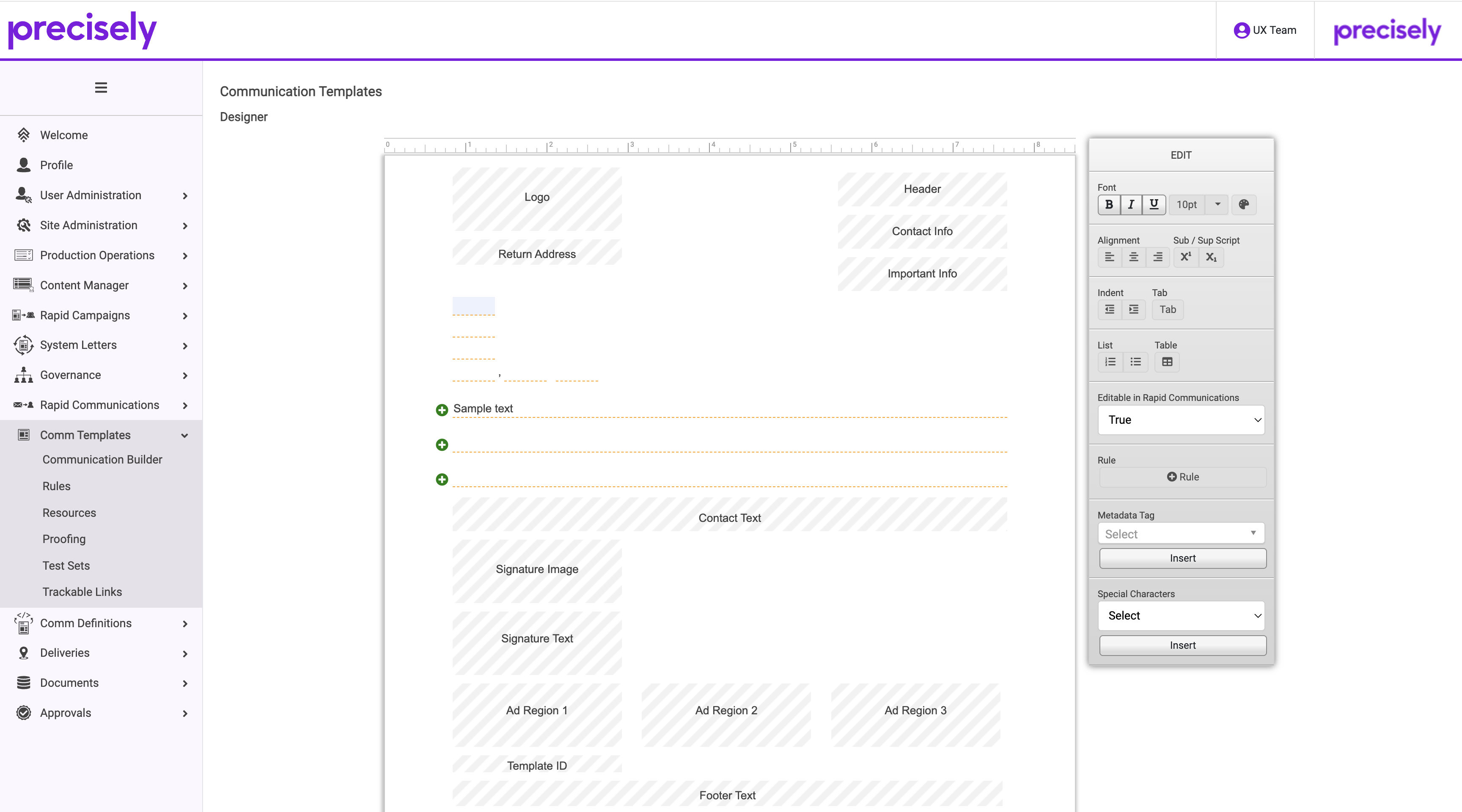 Old template designer with technical placeholder regions like Logo, Header, Ad Region, and raw metadata tag controls