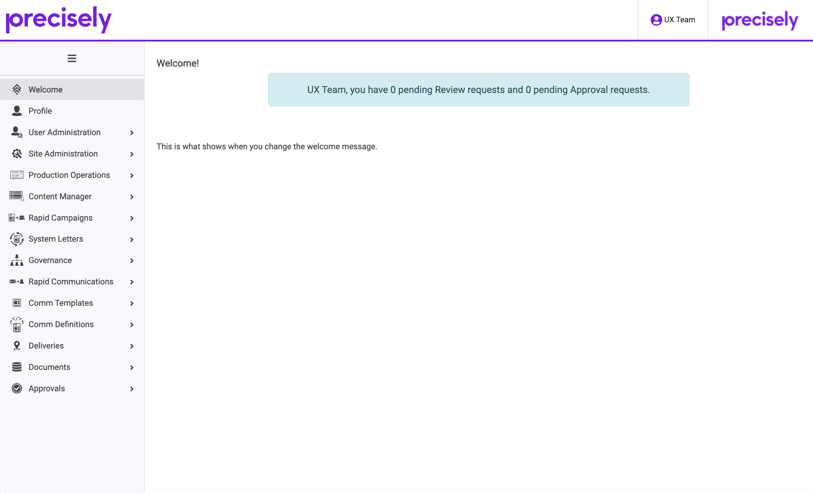 Old landing page showing only a generic welcome message and a long, unsorted navigation menu